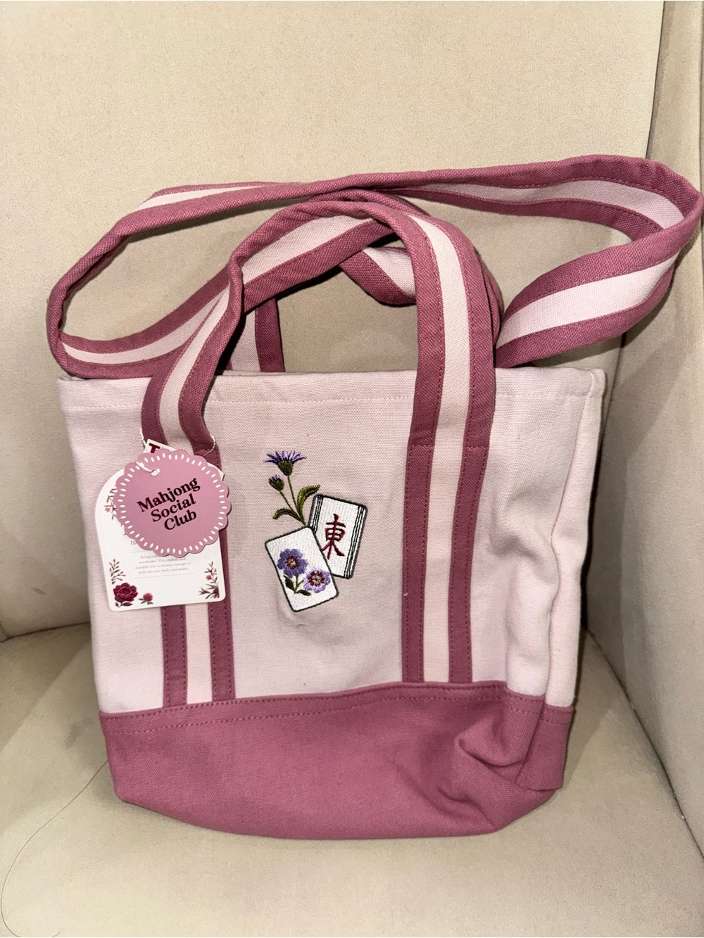 Pink Canvas Tote Bag with Embroidered Mahjong Tile Accent
